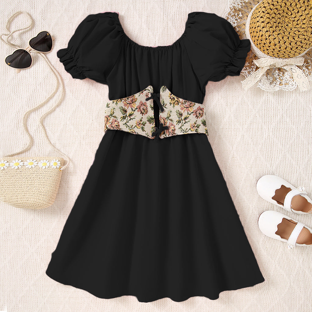 Girls Black Gathered Skaters Dress With Corset Casual Dresses Black 8-9 Y