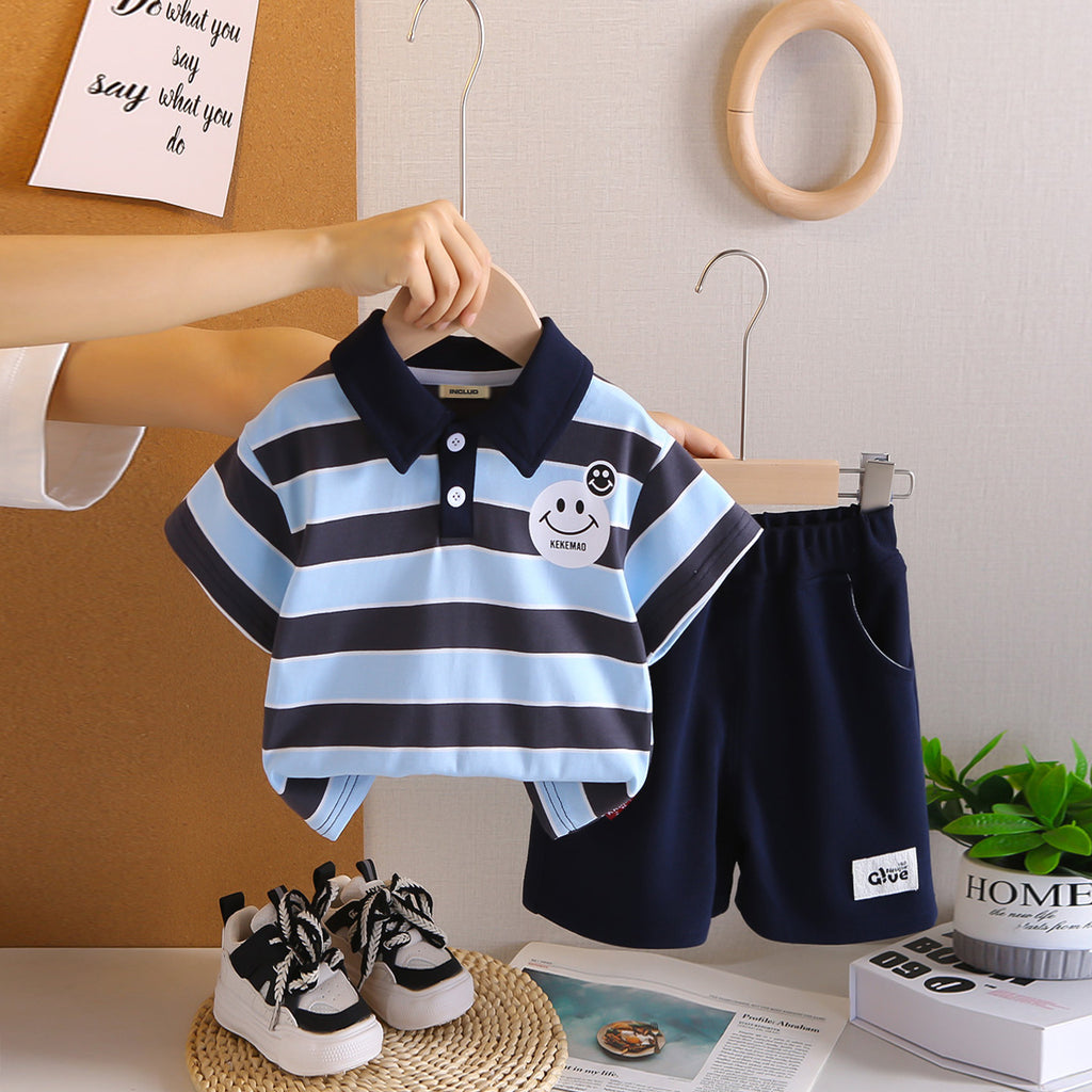 Boys Light Blue Striped Short Sleeves Polo T-Shirt With Shorts Set 2 pc. Sets