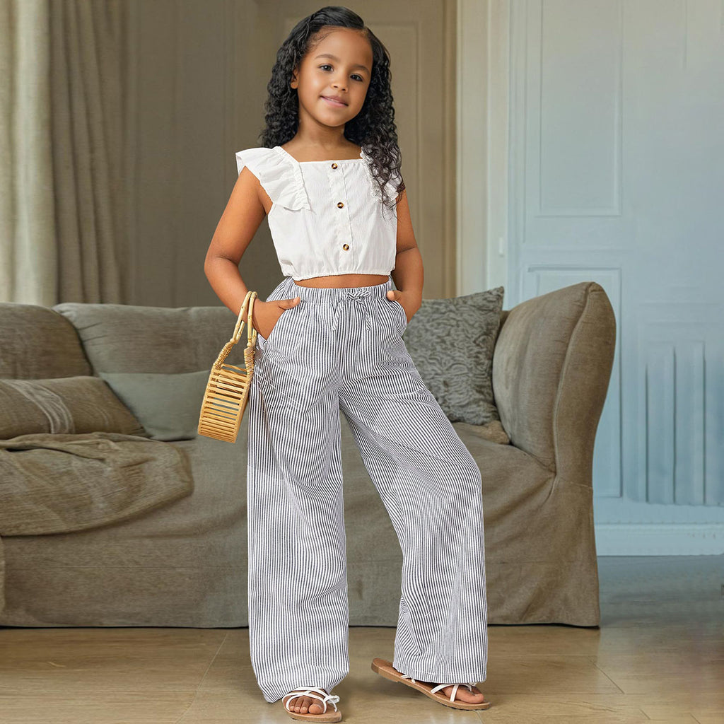 Girls Blue Striped Straight Legs Pants Pants