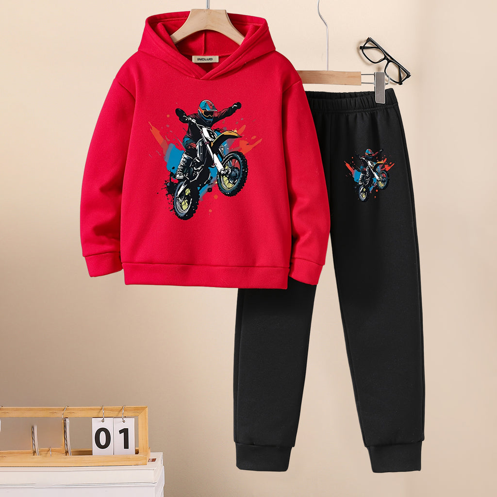 Boys Red Motorcycle Printed Hooded Sweatshirt with Joggers Set Sets Red 5-6 Y
