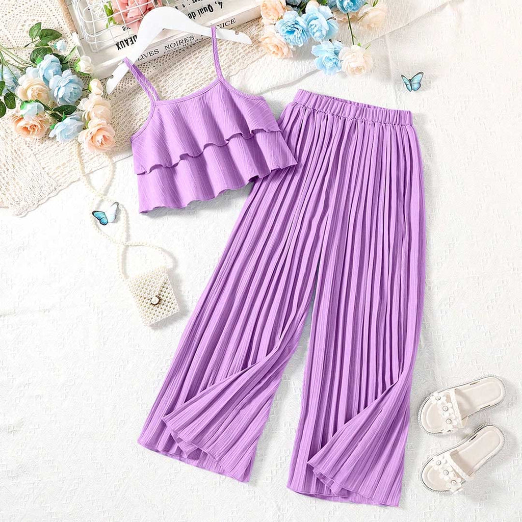 Girls Sleeveless Crop Top With Straight Fit Pants Sets 2 pc. Sets Purple 8-9 Y 