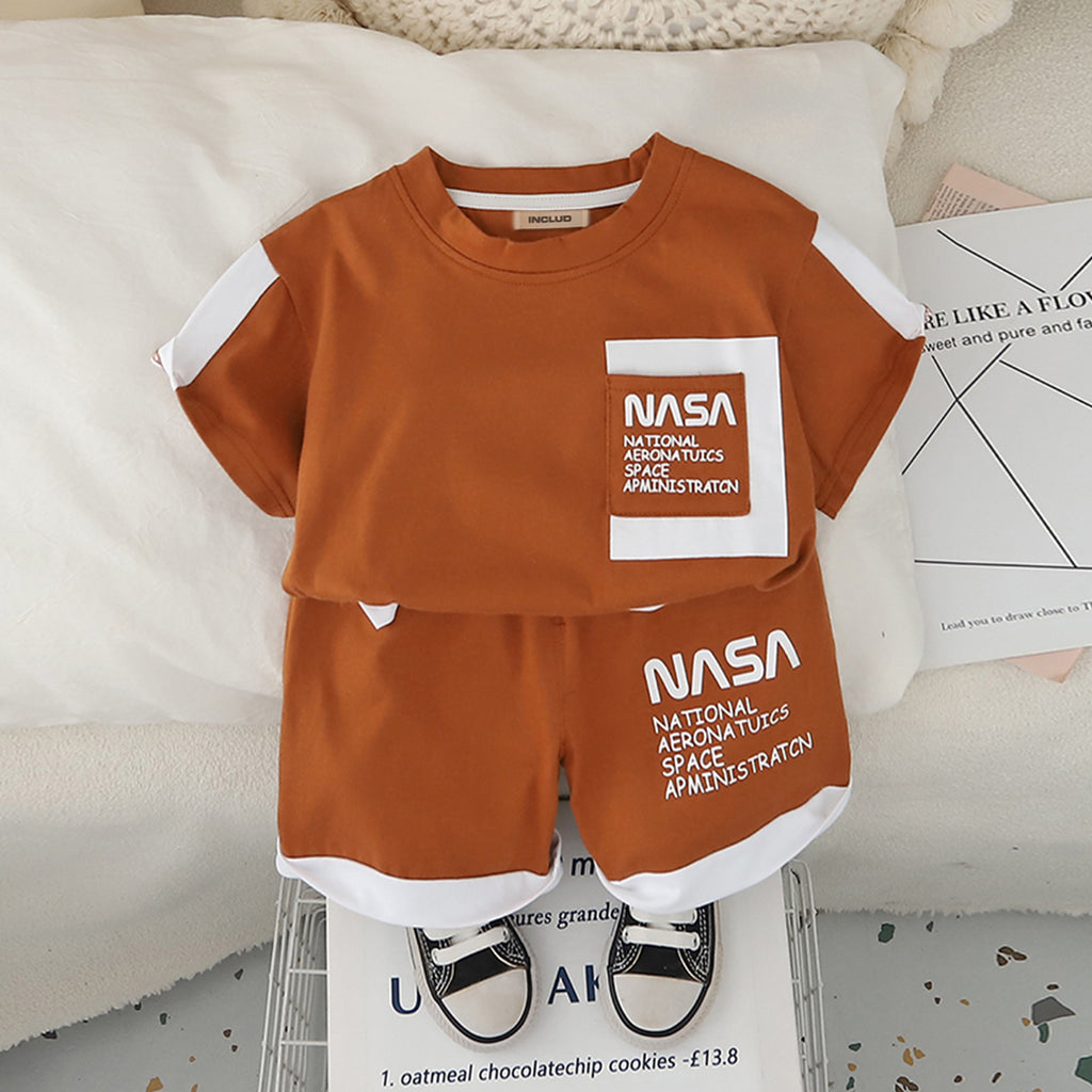Boys Brown Typographic Nasa Printed T-Shirt With Shorts Set 2 pc. Sets Brown 1-2 Y