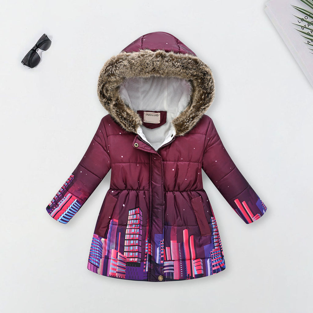 Girls burgundy Graphics Printed Hooded Puffer Jacket Coats & Jackets burgundy 3-4 Y