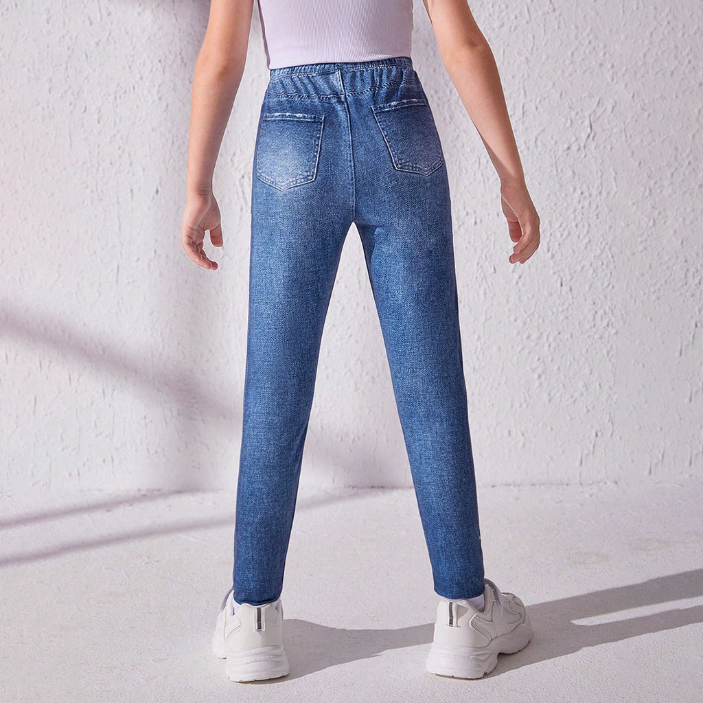 Girls Blue Distressed Denim Look Leggings – INCLUD