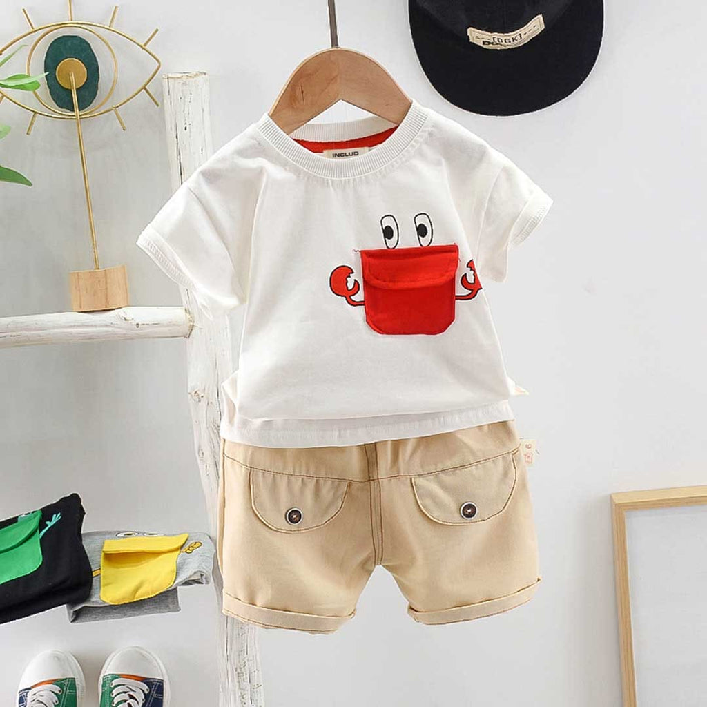 Boys Cartoon Patch Pocket T-shirt with Shorts Set Sets White 1-2 Y 