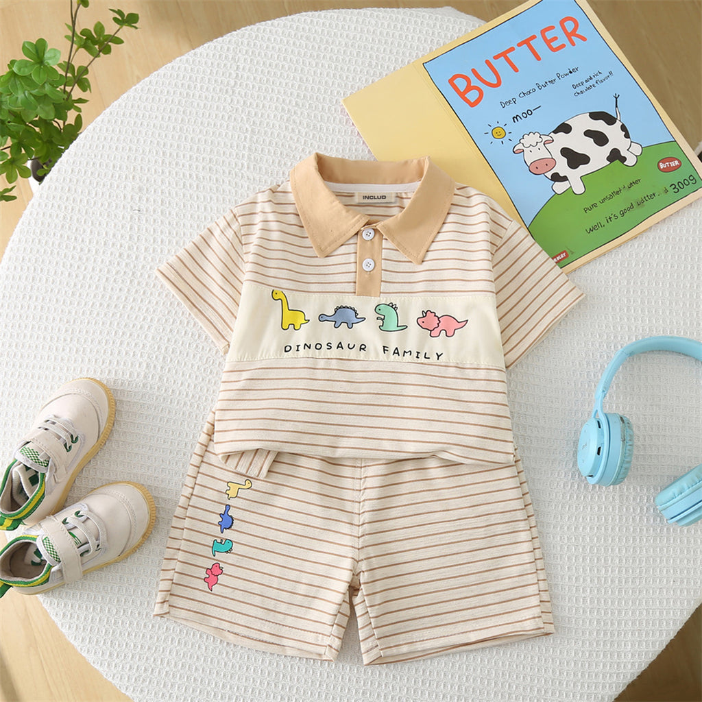 Boys Khaki Dinosaur Striped Polo T-shirt with Shorts Set Sets