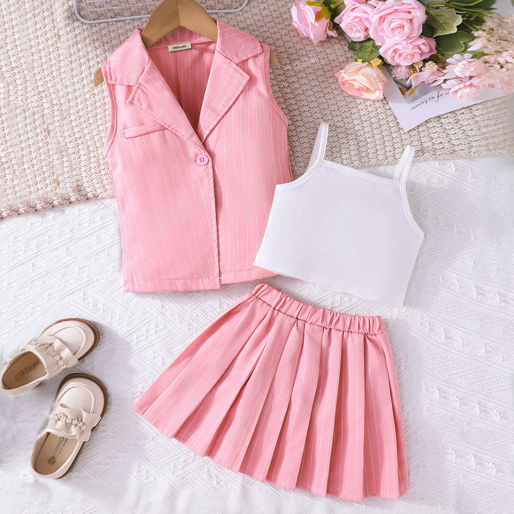 Girls Light Pink Striped Lapel Collar Top With Pleated Skirt And Camisole Top Set 3 pc. Sets Light Pink 3-4 Y