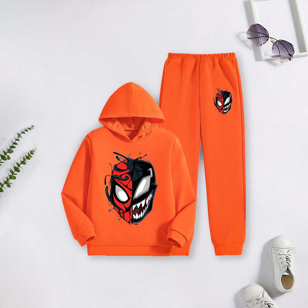 Boys Orange Spider-Man and Venom Theme Printed Hooded Sweatshirt With Jogger Co-Ord Sets 2 pc. Sets Orange 7-8 Y