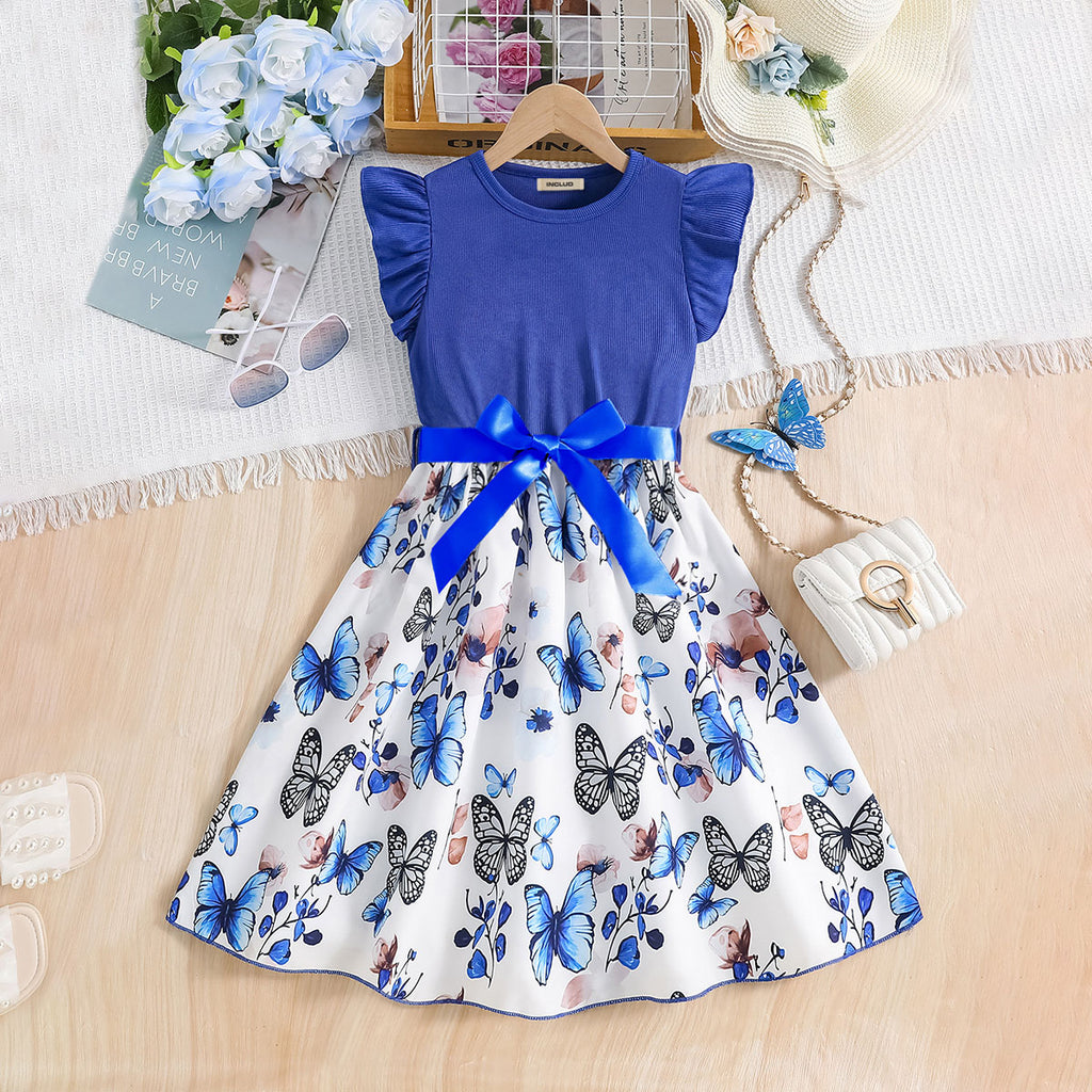 Girls Blue Butterfly Printed Flutter Sleeves Fit And Flared Midi Dress Casual Dresses Blue 3-4 Y