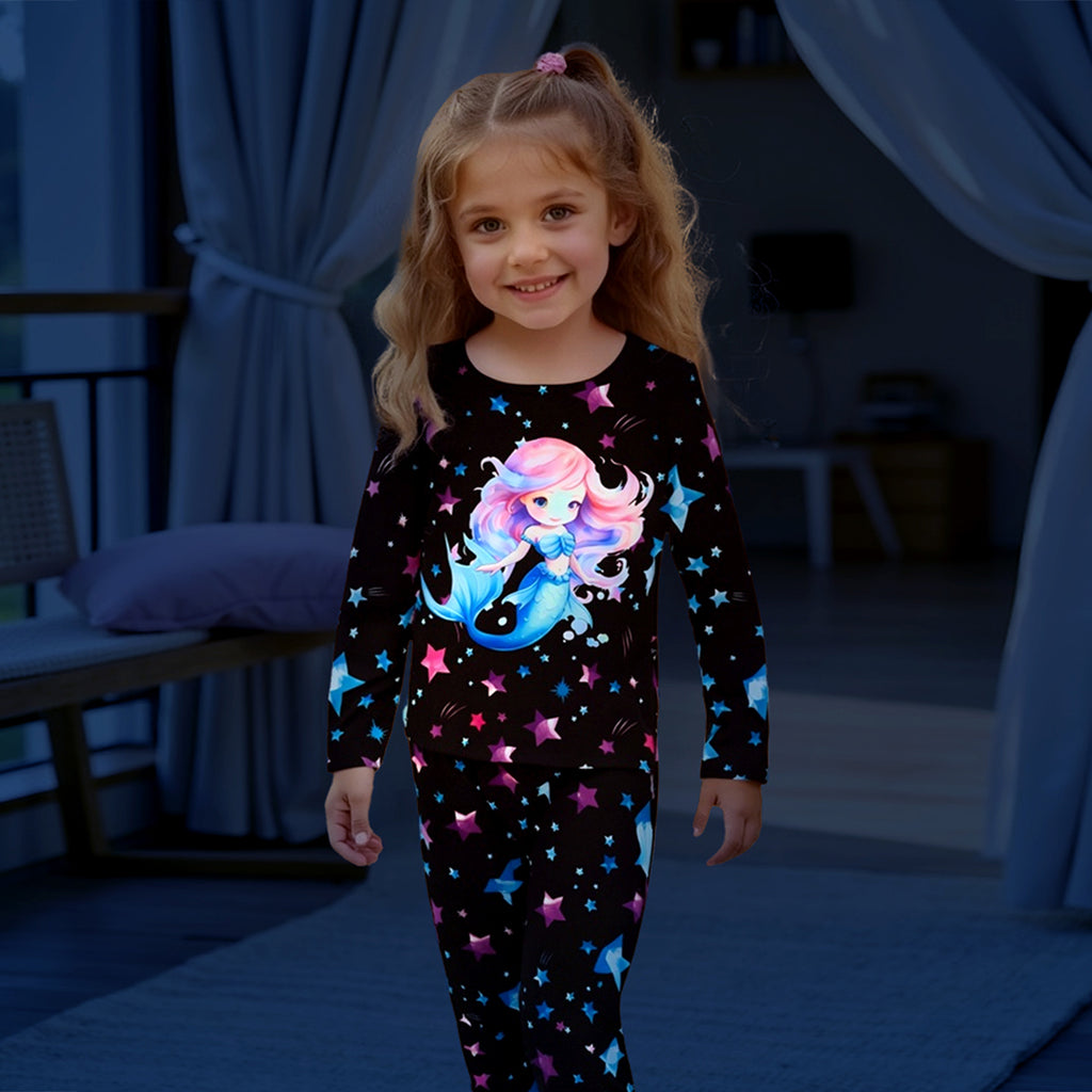 Girls Black Mermaid Printed Glow in the Dark T-Shirt & Pajama Winter Set 2 pc. Sets Black 3-4 Y
