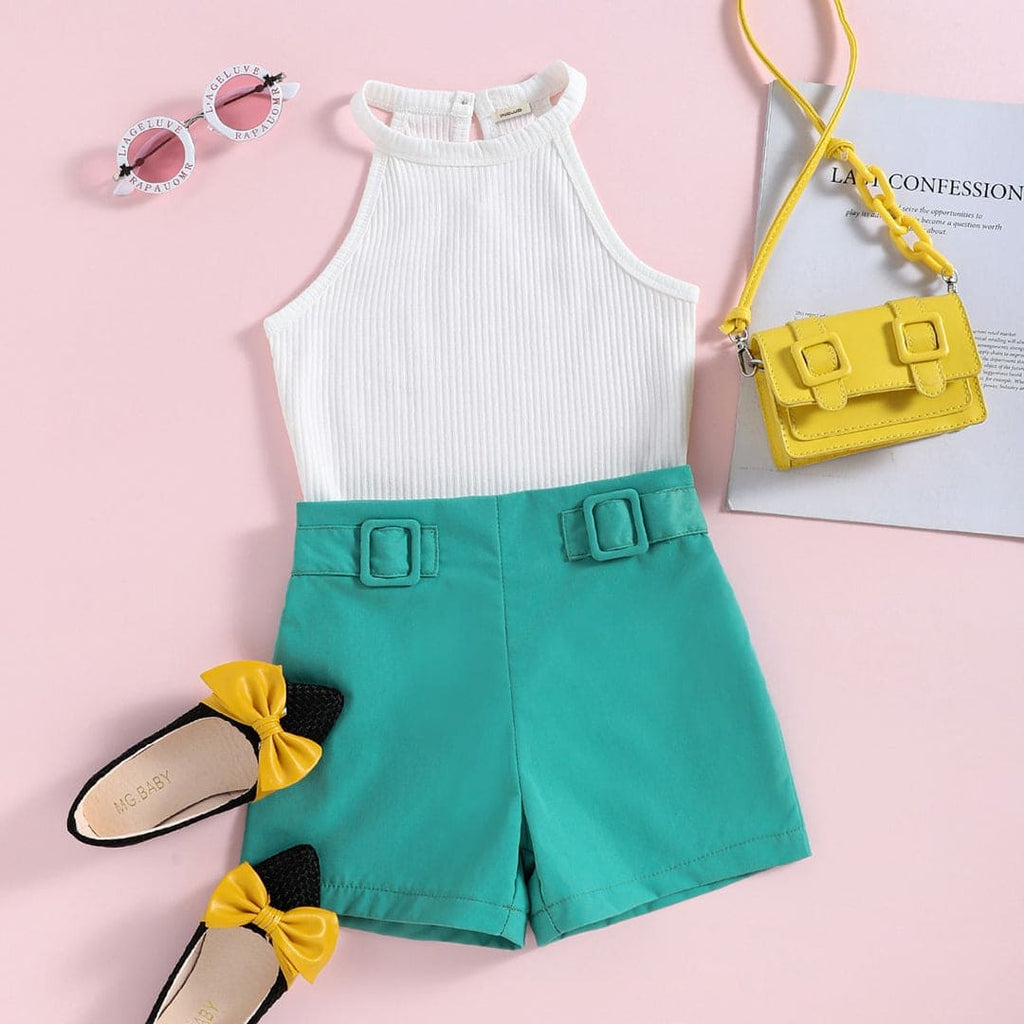Girls Halter Neck Sleeveless Top With Shorts 2 pc. Sets White 3-4 Y 