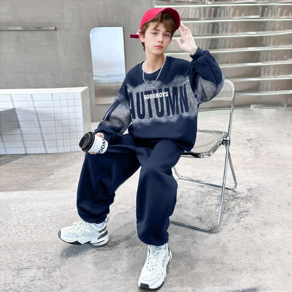 Boys Navy Blue Autumn Printed Sweatshirt With Pants Sets 2 pc. Sets Navy Blue 5-6 Y
