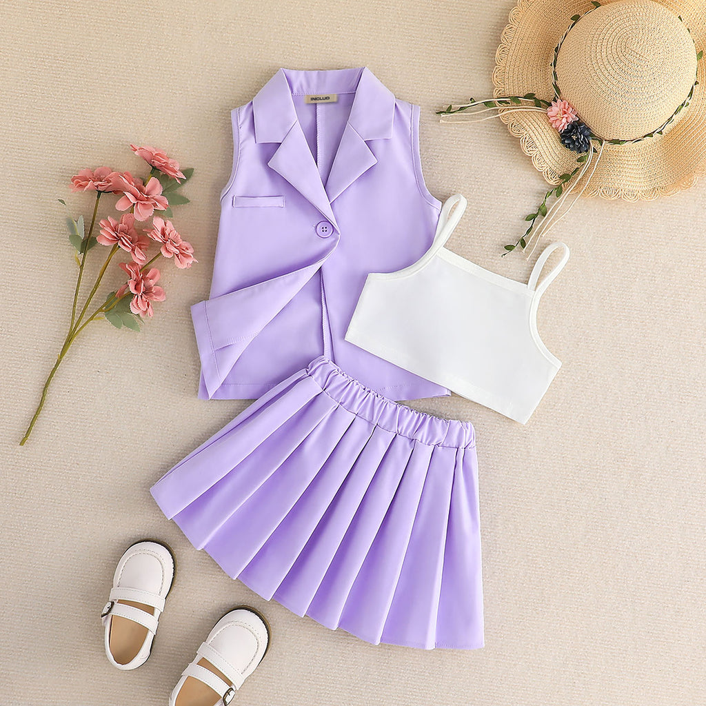 Girls Purple Sleeveless Jacket With Camisole Top And Skirts Set 3 pc. Sets Purple 3-4 Y