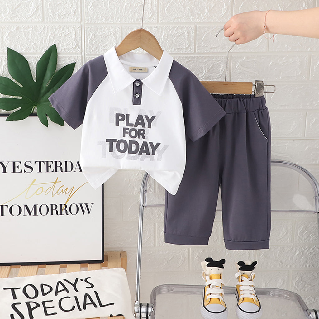 Boys Dark Grey Typographic Printed Short Sleeves Polo T-Shirt With Pants Set 2 pc. Sets Dark Grey 1-2 Y