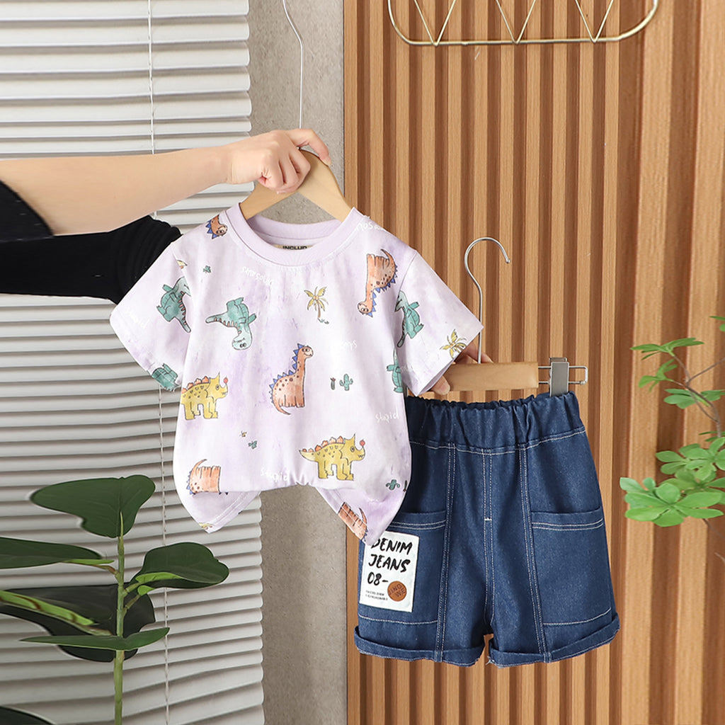 Boys Purple Dinosaur Printed Short Sleeves T-Shirt With Denim Shorts Set 2 pc. Sets Purple 1-2 Y