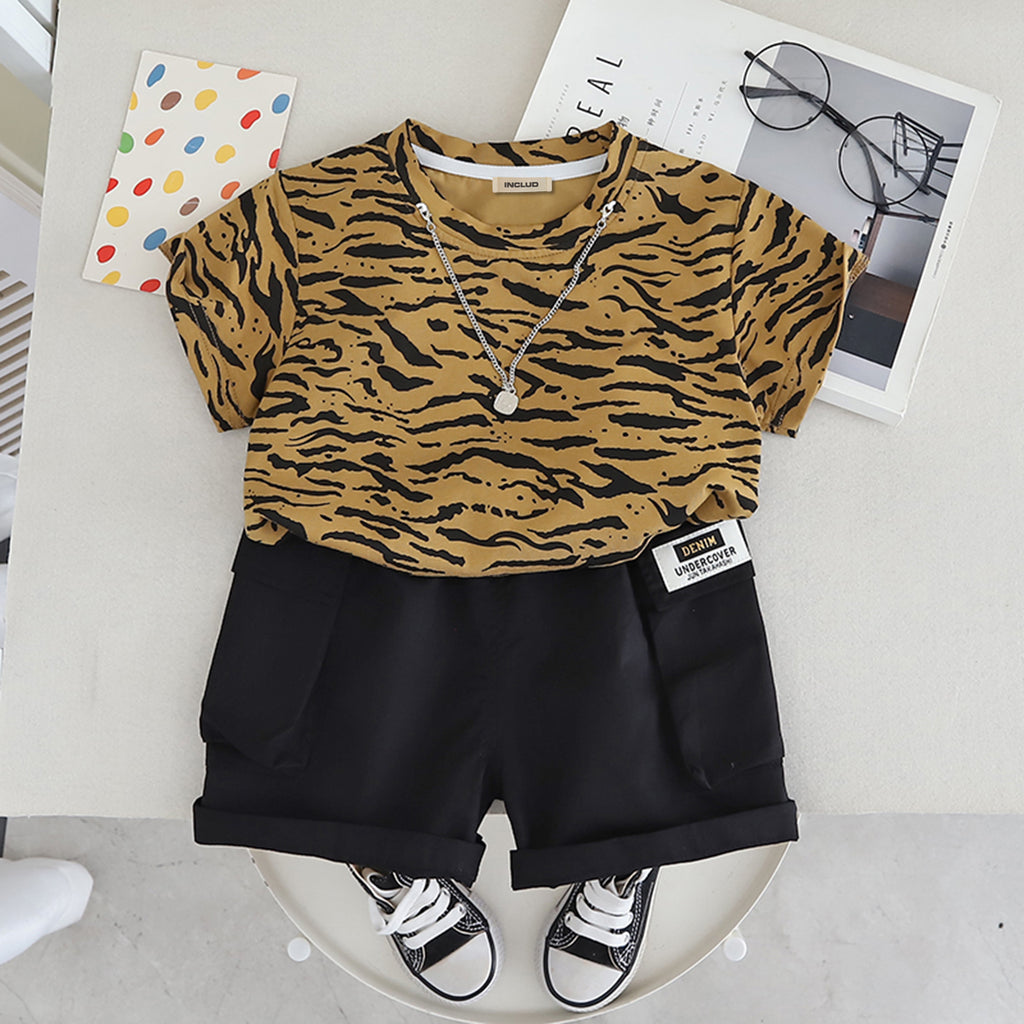 Boys Khaki Abstract Printed Short Sleeves T-Shirt With Shorts Set 2 pc. Sets Khaki 1-2 Y