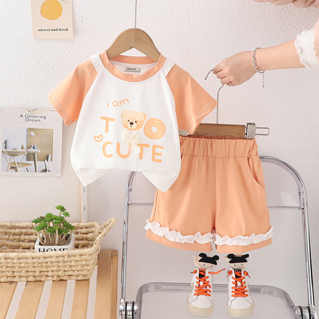 Girls Peach Printed Raglan Sleeves T-Shirt With Ruffled Shorts Set 2 pc. Sets Peach 1-2 Y