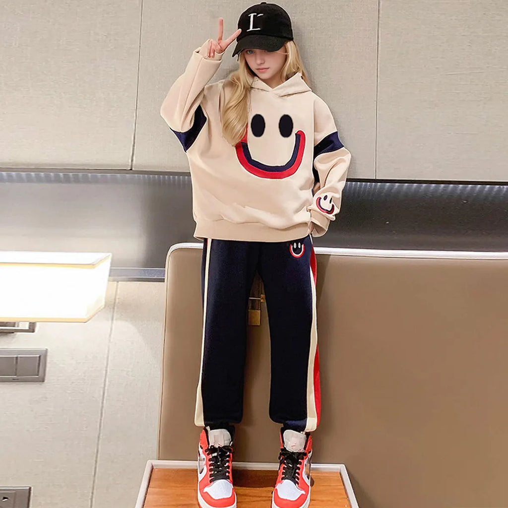 Girls Apricot Smiley Printed Hooded Neck Sweatshirt With Pants Winter Set 2 pc. Sets Apricot 5-6 Y