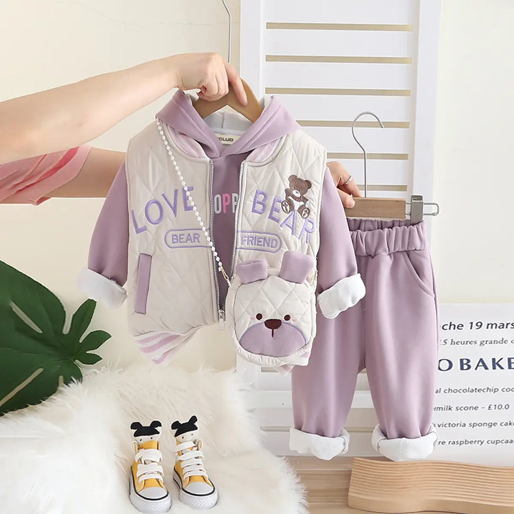 Girls Purple Embroidered Regular Sweatshirt With Sleeveless Jacket, Pants & Bag Sets 4 pc. Sets Purple 1-2 Y