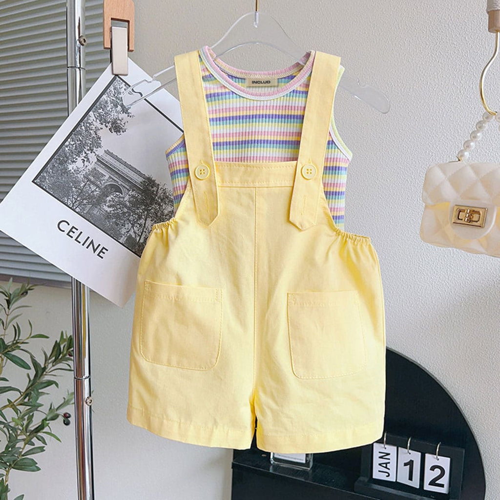 Girls Striped Tank Top with Dungaree Set Sets Yellow 1-2 Y 