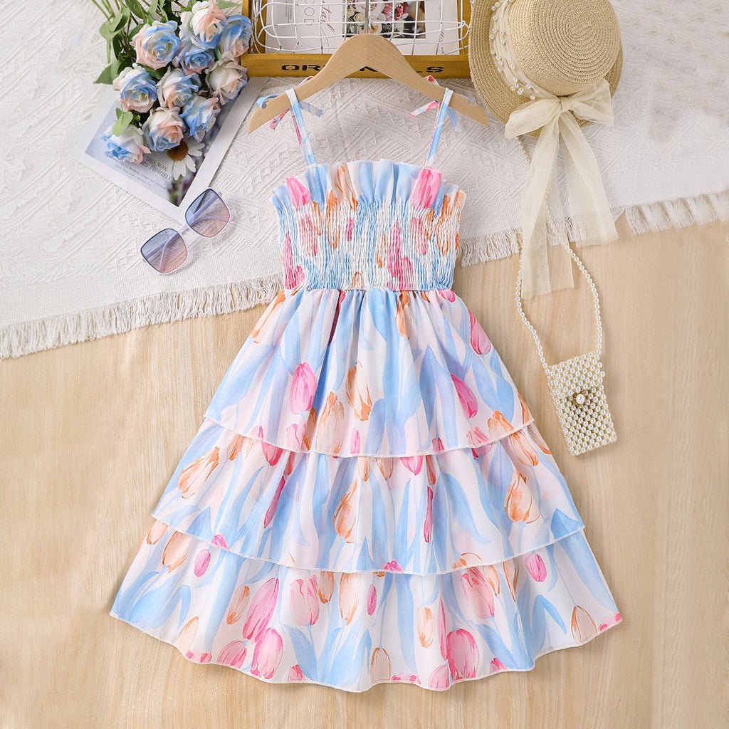 Girls Multicolor Floral Printed Sleeveless Smocked Fit And Flared Summer Dress Casual Dresses Multicolor 3-4 Y