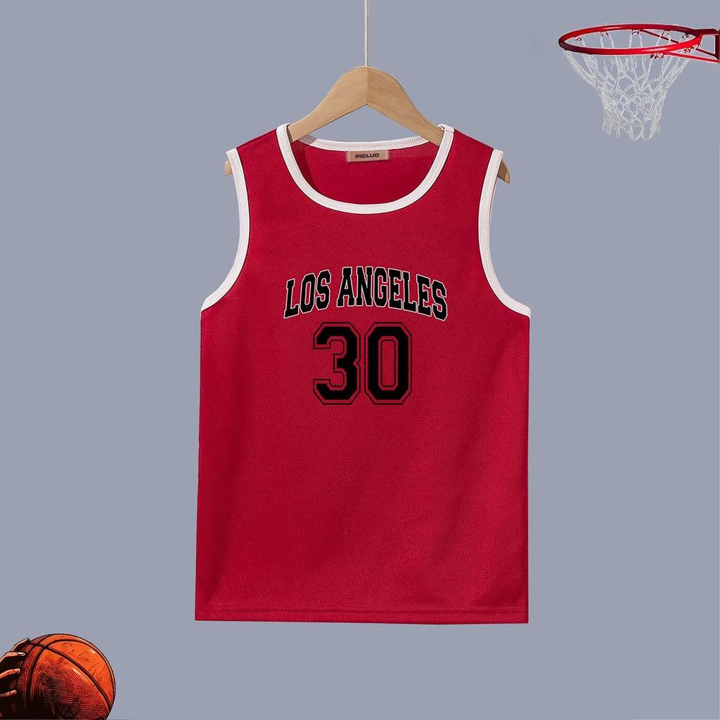 Boys Red Alphanumeric Printed Contrast Binding Vest Vests Red 7-8 Y