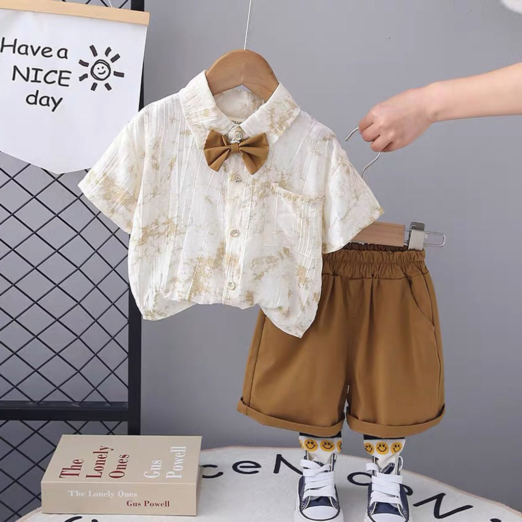 Boys Printed Short Sleeves Front pocket Shirt With Brown Shorts Set 2 pc. Sets Brown 1-2 Y