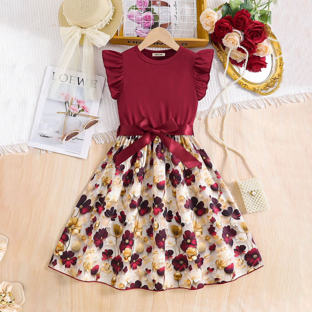Girls Maroon Floral Printed Flutter Sleeves Fit And Flared Midi Dress Casual Dresses Maroon 3-4 Y