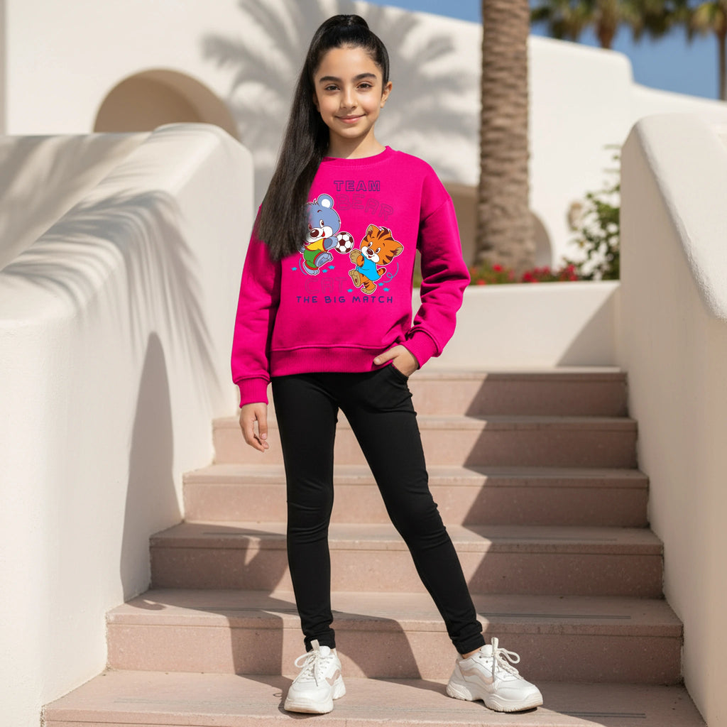 Girls Fuchsia Bear Graphics Round Neck Sweatshirt Sweatshirts & Hoodies Fuchsia 1-2 Y