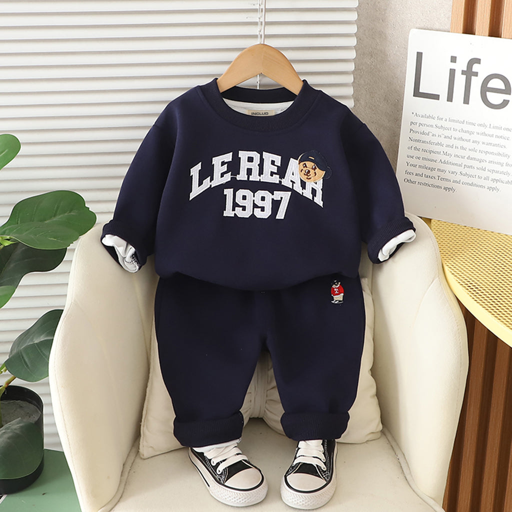 Boys Navy Blue Typographic Embroidered Sweatshirt With Pants Set 2 pc. Sets Navy Blue 1-2 Y