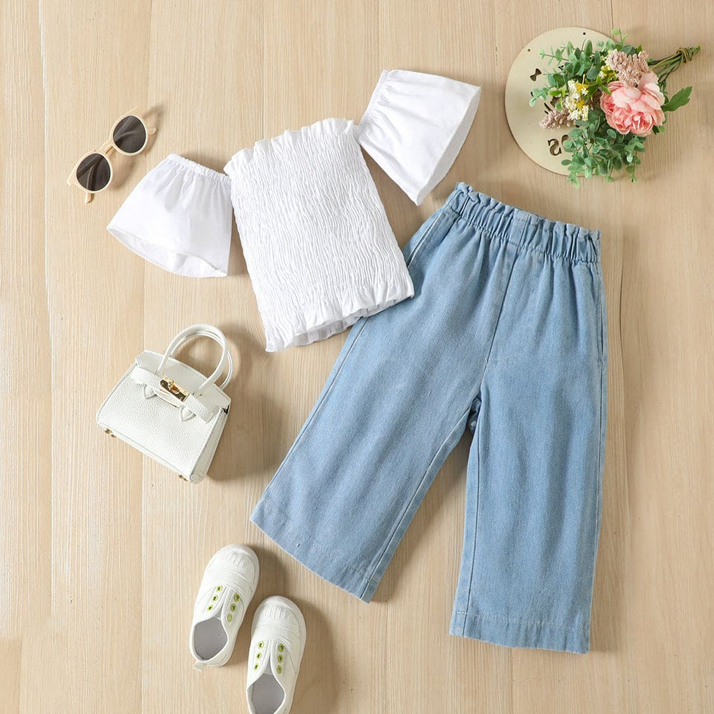 Girls Off Shoulder Smocked Top With Elasticated Denim Pants Set Sets White 1-2 Y 