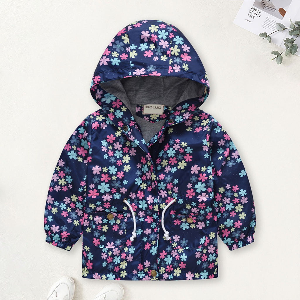 Girls Blue Floral Printed Front Zipper Hooded Winter Jacket Coats & Jackets Blue 2-3 Y