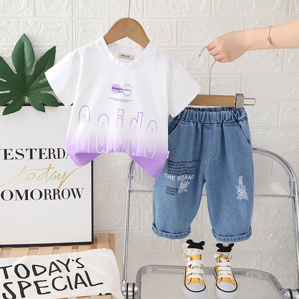 Boys Purple Ombre Dyed Short Sleeves T-Shirt With Denim Pants Set 2 pc. Sets Purple 1-2 Y