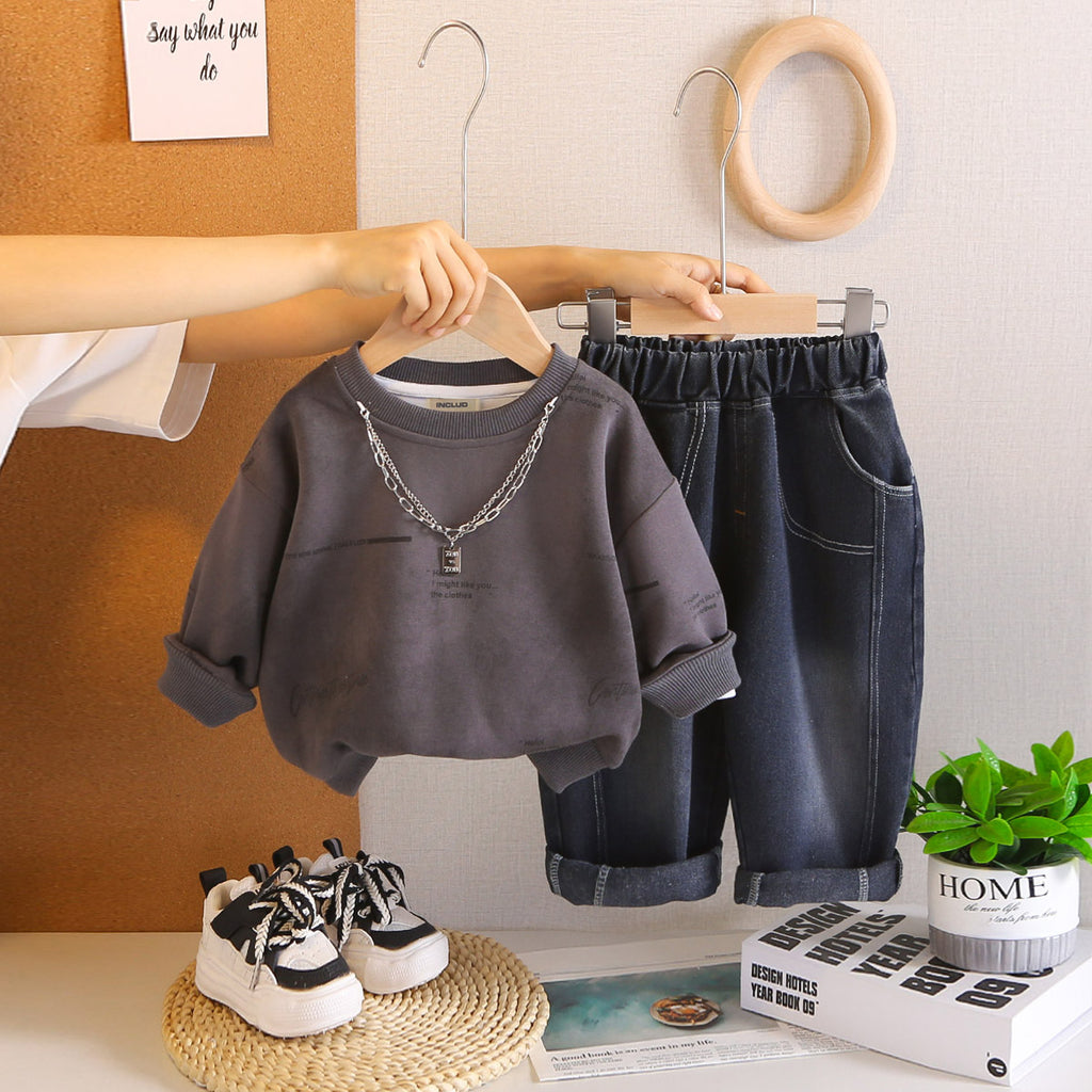 Boys Grey Typographic Printed Long Sleeves Sweatshirt With Denim Pants Set 2 pc. Sets Grey 1-2 Y