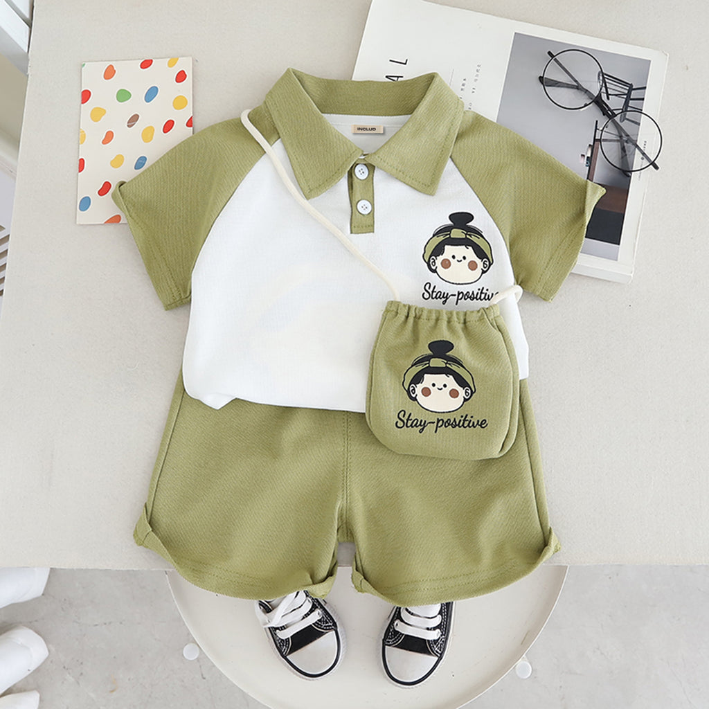 Girls Raglan Sleeves Polo T-Shirt With Green Shorts And Sling Bag Set 3 pc. Sets Green 1-2 Y