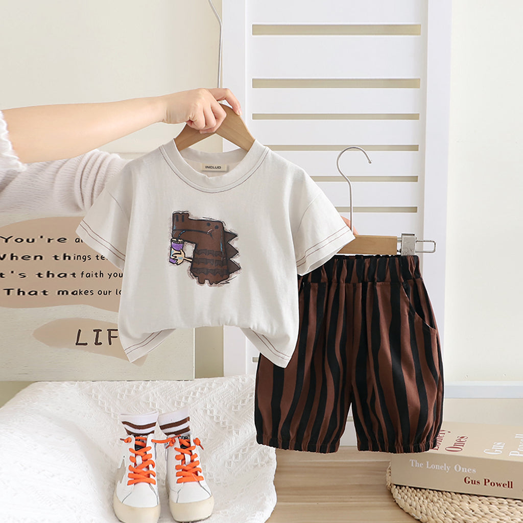 Boys Brown Graphic Printed Short Sleeves T-Shirt With Shorts Set 2 pc. Sets Brown 1-2 Y