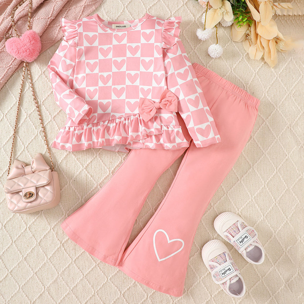 Girls Coral Checkered Heart Print Full Sleeves Top with Flared Pants Set Sets Coral 3-4 Y