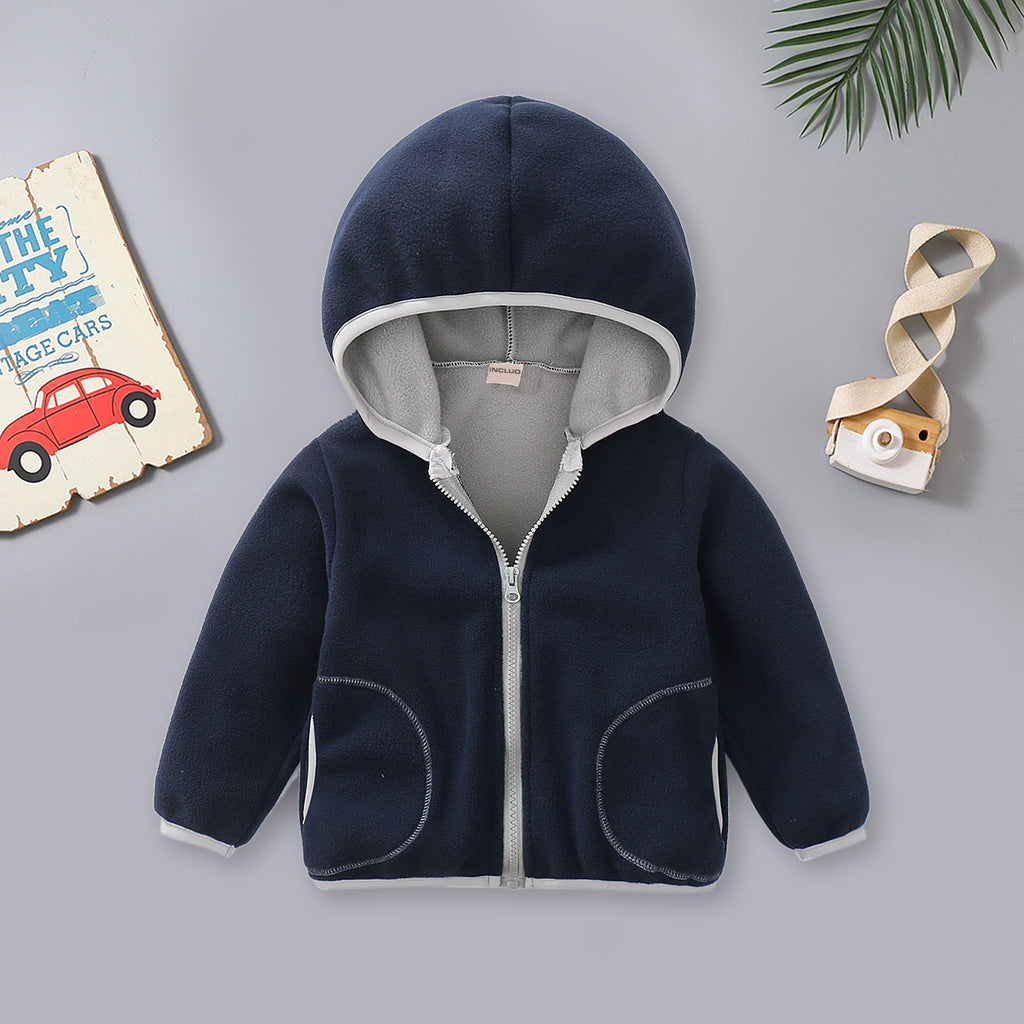 Boys Dark Blue Fleece Front Zipper Hooded Winter Jacket Coats & Jackets Dark Blue 1-2 Y