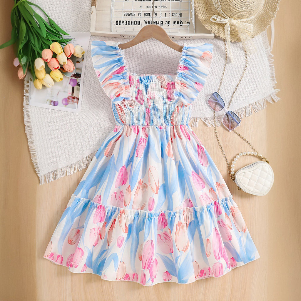 Girls Multicolor Tulip Printed Sleeveless Smocked Fit And Flared Casual Dress Casual Dresses Multicolor 3-4 Y