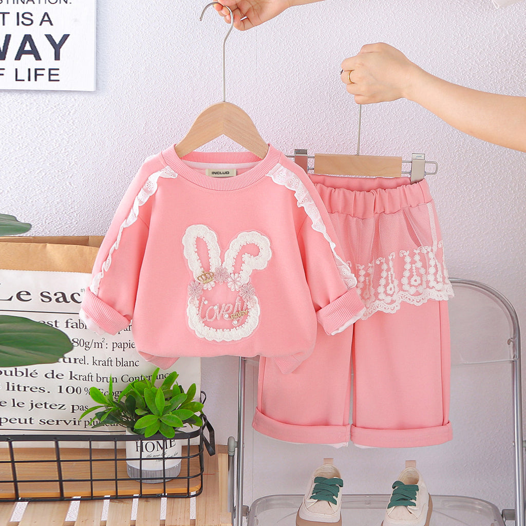 Girls Pink Rabbit Applique Sweatshirt With Pants Set 2 pc. Sets Pink 1-2 Y