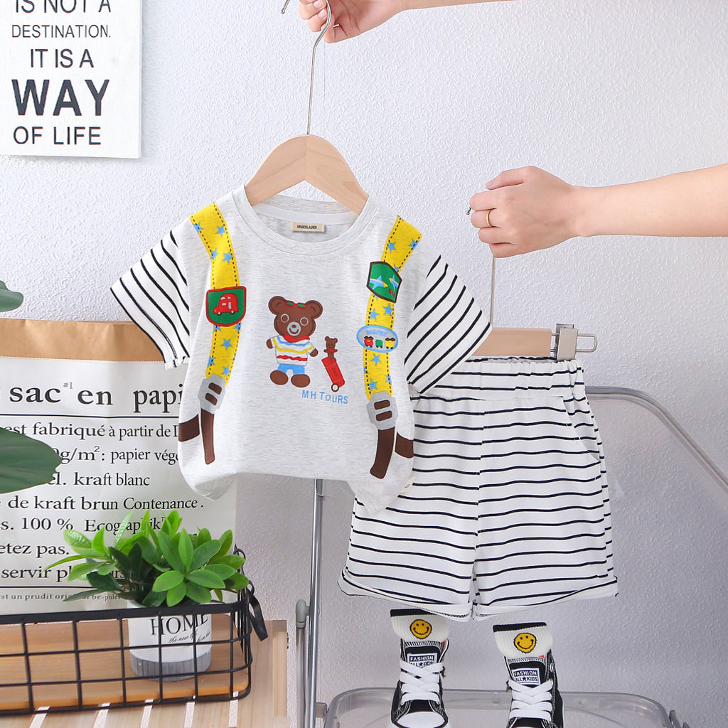 Boys Light Grey Bag-pack Print Short Sleeves T-Shirt With Striped Shorts Set 2 pc. Sets Light Grey 1-2 Y