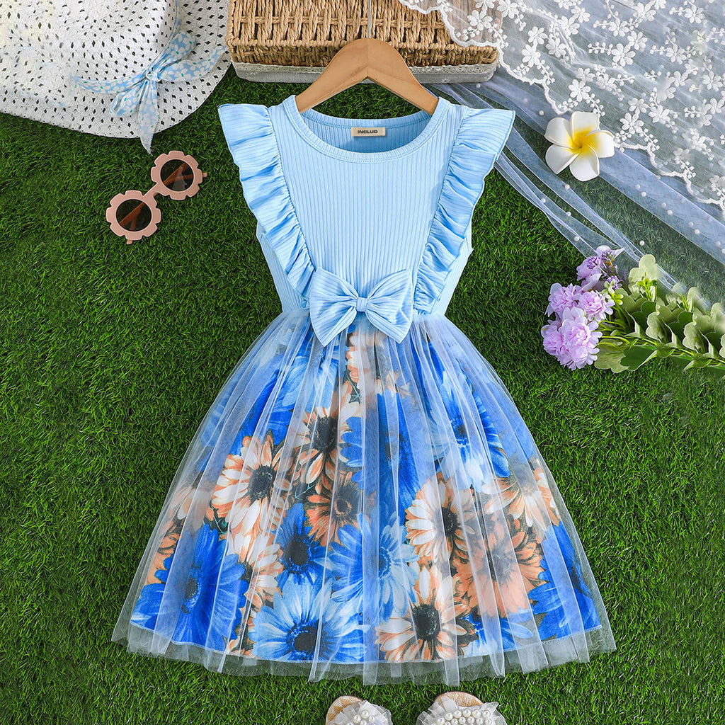 Girls Blue Floral Printed Flared Sleeve Fit & Flare Dress Casual Dresses