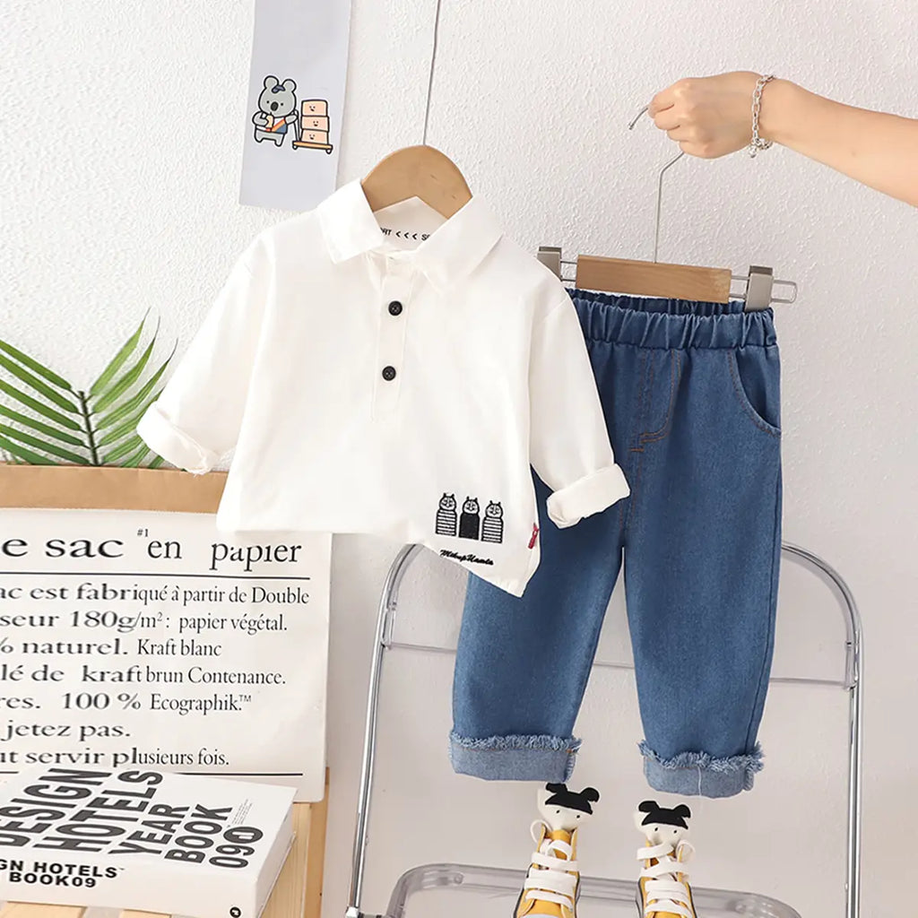 Boys White Three Cat Cartoon Printed Polo Shirt With Denim Pants Set Sets White 1-2 Y