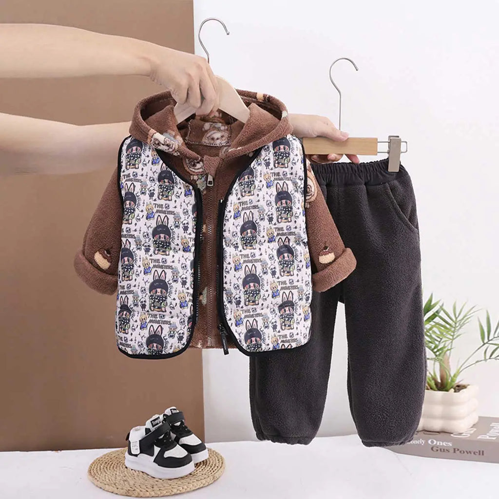 Boys Brown Printed Fleece Hooded Zipper Jacket With Vest & Jogger Sets Sets Brown 1-2 Y