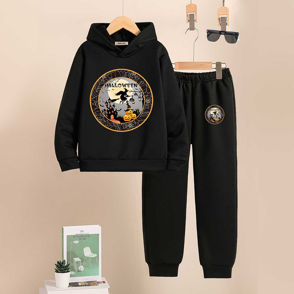 Boys Black Graphics Halloween Printed Hooded Sweatshirt With Jogger Co-ord Set 2 pc. Sets Black 7-8 Y