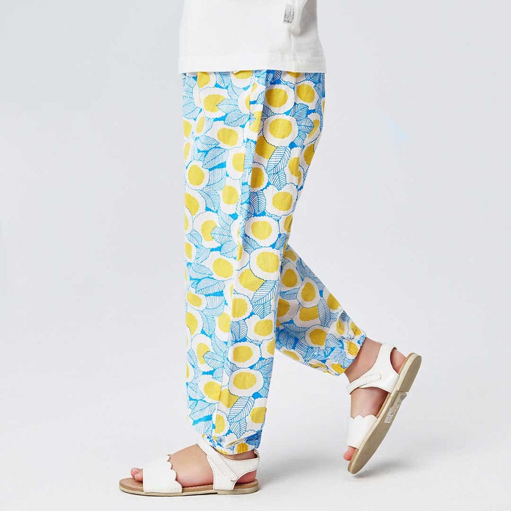 Girls Flower Printed Elasticated Pants Pants Blue 1-2 Y 