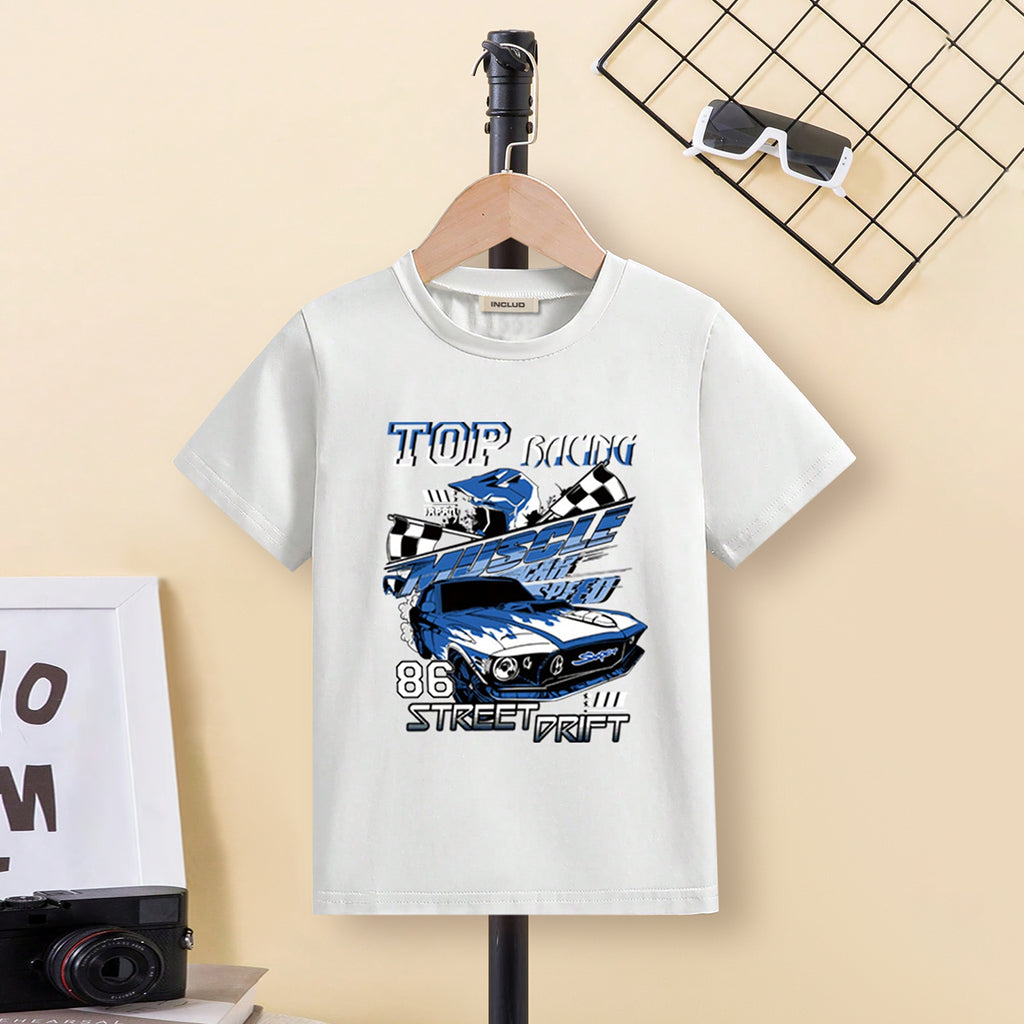Boys White Graphic Car Printed Short Sleeves T-Shirt Tshirts White 3-4 Y