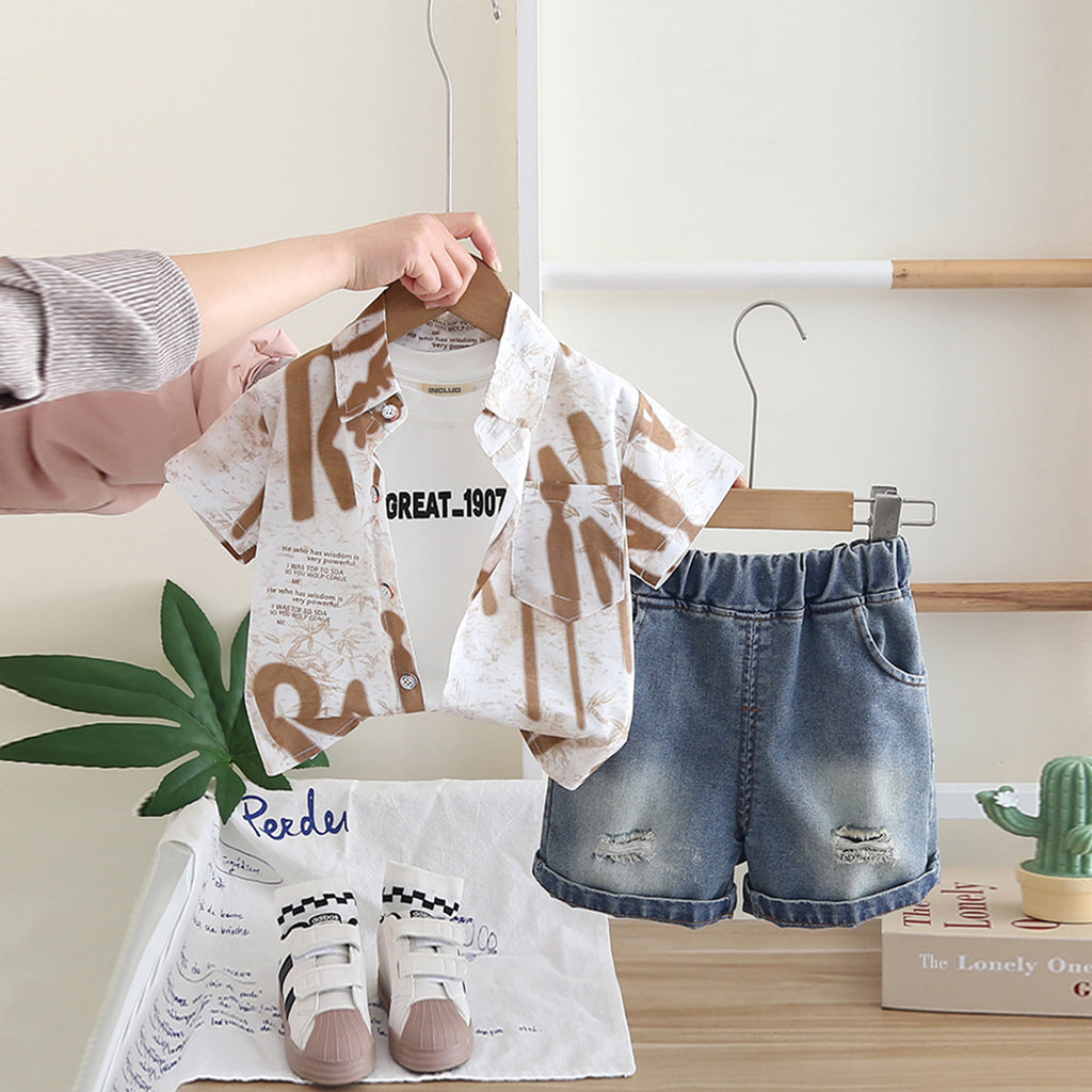 Boys Khaki Abstract Printed Front Pocket Shirt With T-Shirt And Denim Shorts Set Sets Khaki 1-2 Y