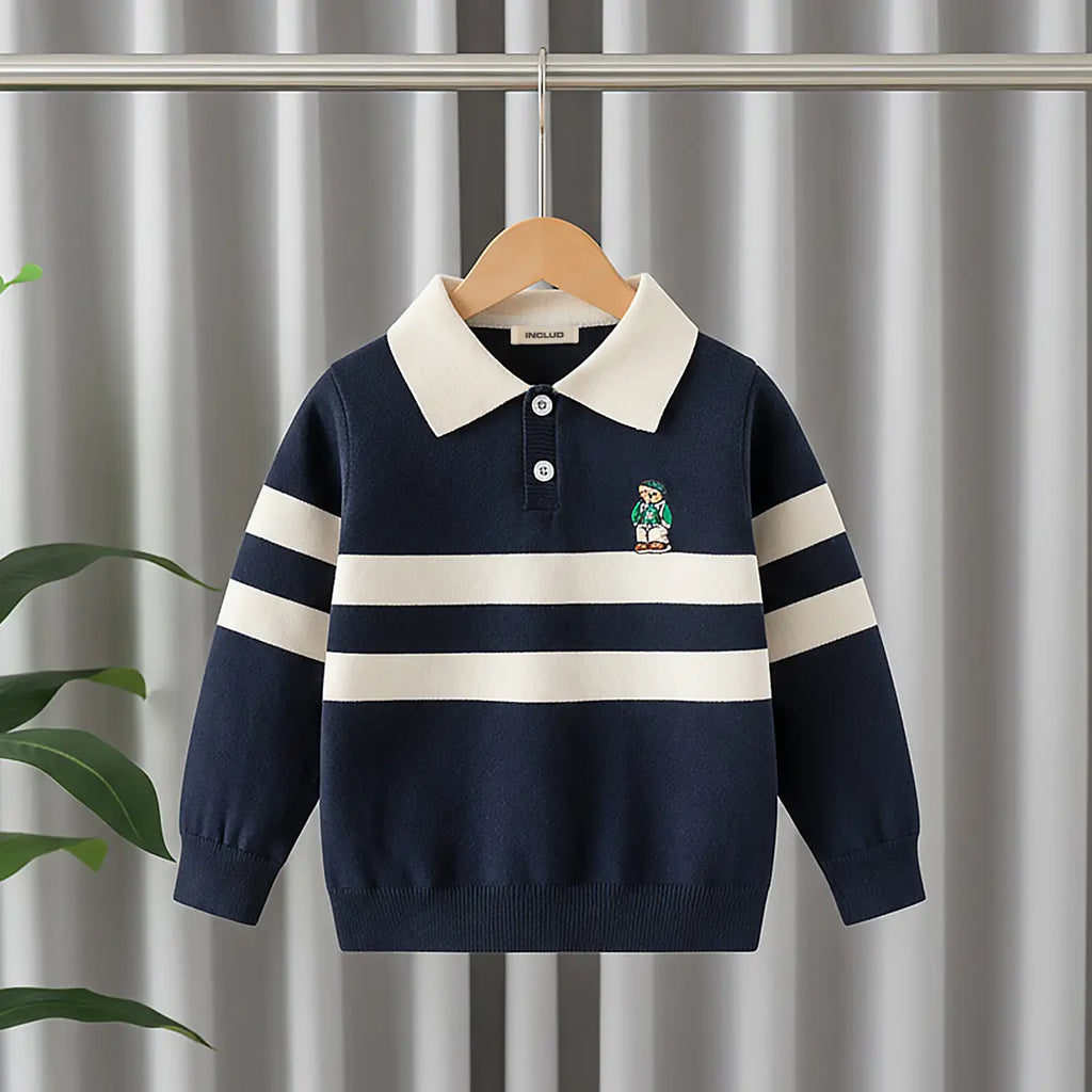 Boys Dark Blue Self-Design Stripe Patterns Polo Sweater Sweaters & Cardigans Dark Blue 1-2 Y