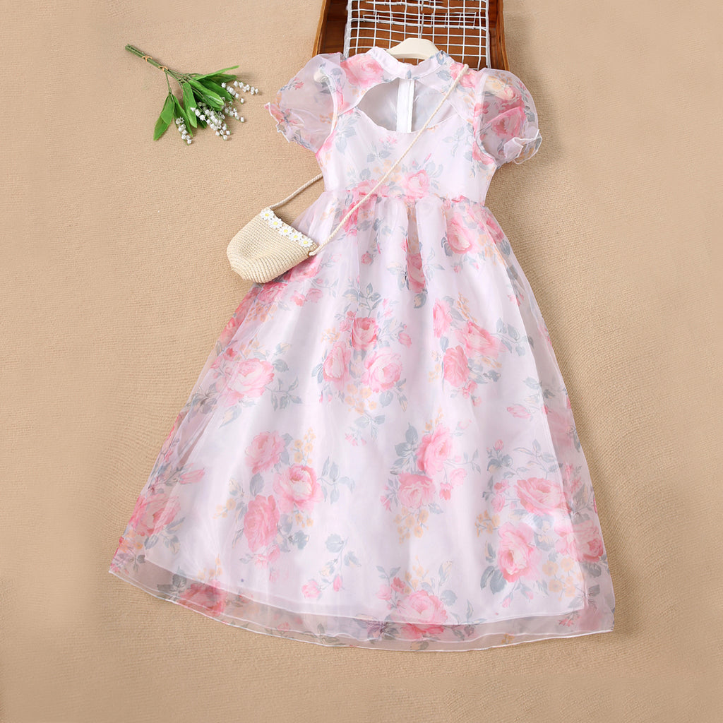 Girls Pink Floral Printed Semi-Casual Dress Casual Dresses